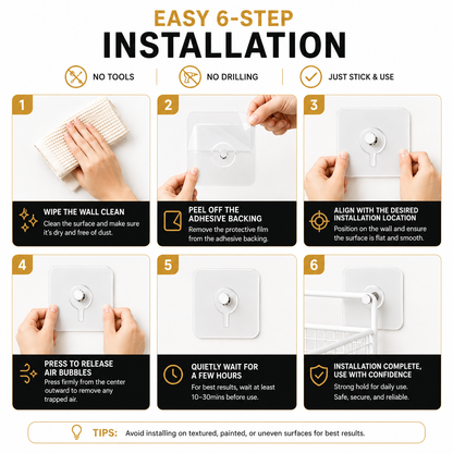 HangEasy No Drill Adhesive Wall Hooks — Damage Free Removal